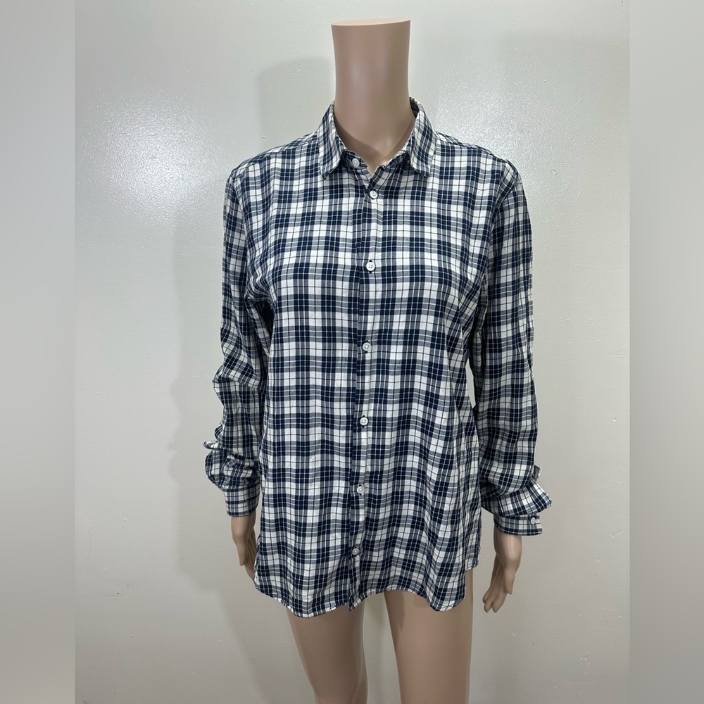 Sandro Woman Plats Long‎ Sleeve Shirt Size Medium Navy Blue White